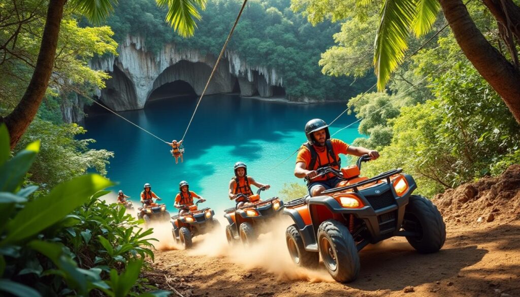 partez à l'aventure avec notre excursion combinant quad, tyrolienne et exploration de cenote. une expérience inoubliable alliant sensations fortes et découverte de paysages naturels exceptionnels.