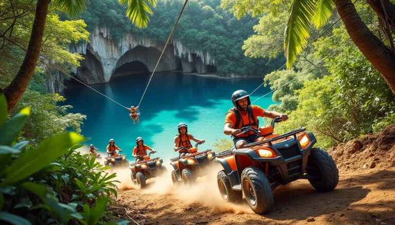 partez à l'aventure avec notre excursion combinant quad, tyrolienne et exploration de cenote. une expérience inoubliable alliant sensations fortes et découverte de paysages naturels exceptionnels.
