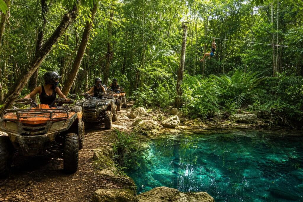 partez à l'aventure avec notre excursion quad dans la jungle, incluant une tyrolienne excitante et une baignade rafraîchissante dans un cénote naturel. une expérience inoubliable vous attend !