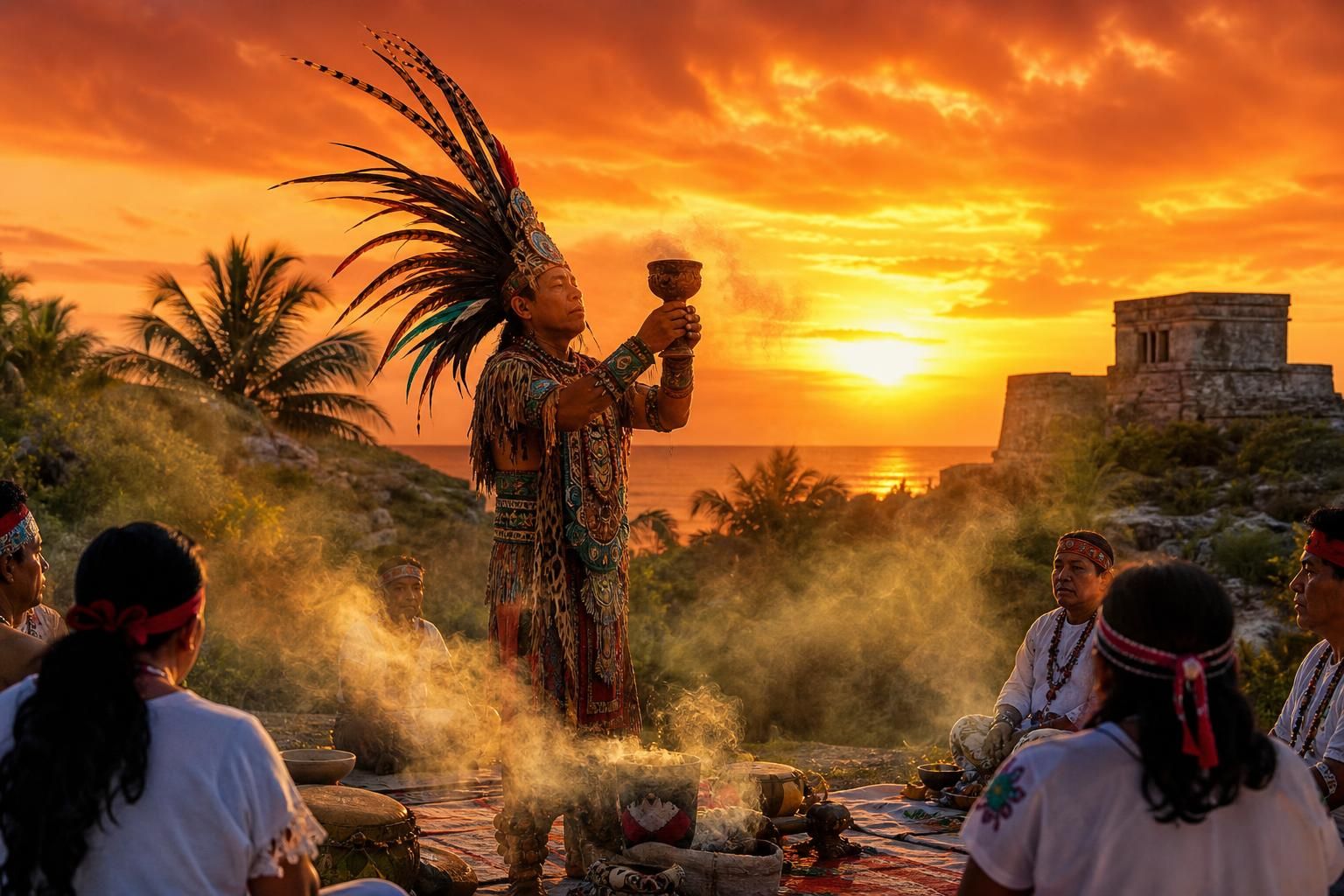 vivez une cérémonie maya traditionnelle au lever du soleil, une expérience unique alliant spiritualité ancestrale et beauté naturelle.